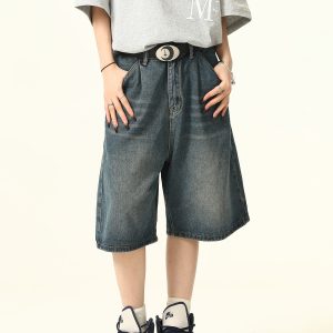 Unisex Wide-Leg Denim Shorts in Washed Blue - American Street Style Loose-Fit Summer Five-Point Pants for Casual Wear