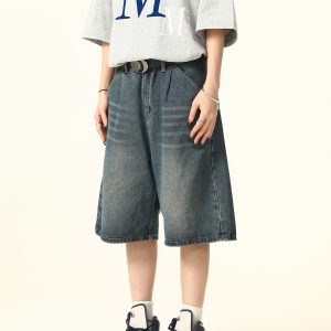 Unisex Wide-Leg Denim Shorts in Washed Blue - American Street Style Loose-Fit Summer Five-Point Pants for Casual Wear