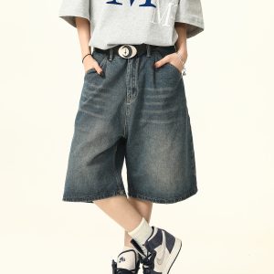 Unisex Wide-Leg Denim Shorts in Washed Blue - American Street Style Loose-Fit Summer Five-Point Pants for Casual Wear