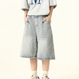 Unisex Wide-Leg Denim Shorts in Washed Blue - American Street Style Loose-Fit Summer Five-Point Pants for Casual Wear