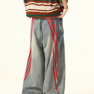 Unisex Wide-Leg Striped Denim Pants - Retro American Style Loose Trousers for Trendy Streetwear