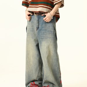 Unisex Wide-Leg Striped Denim Pants - Retro American Style Loose Trousers for Trendy Streetwear