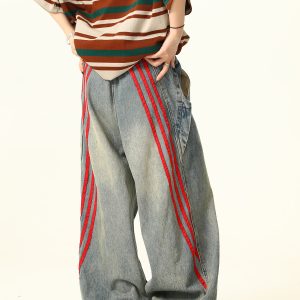 Unisex Wide-Leg Striped Denim Pants - Retro American Style Loose Trousers for Trendy Streetwear