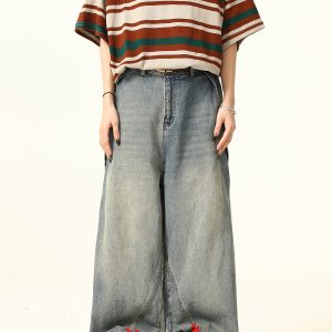 Unisex Wide-Leg Striped Denim Pants - Retro American Style Loose Trousers for Trendy Streetwear