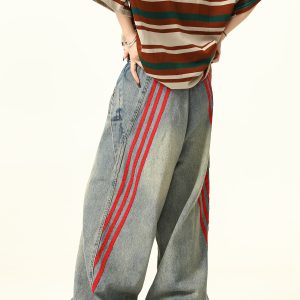 Unisex Wide-Leg Striped Denim Pants - Retro American Style Loose Trousers for Trendy Streetwear