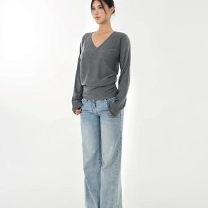 V-Neck Batwing Sleeve Knitted Wool Top - Cozy, Chic, Perfect for Layering, Fall Fashion Essential