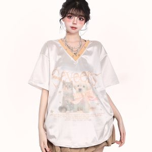 V-Neck Cartoon Print Short Sleeve T-Shirt for Women - Summer Loose Fit American Style, Trendy Niche Design