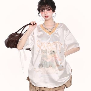 V-Neck Cartoon Print Short Sleeve T-Shirt for Women - Summer Loose Fit American Style, Trendy Niche Design