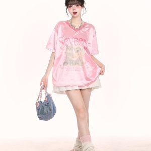 V-Neck Cartoon Print Short Sleeve T-Shirt for Women - Summer Loose Fit American Style, Trendy Niche Design