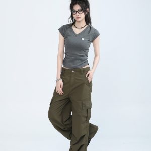 V-Neck Embroidered Fitted Short Sleeve T-Shirt for Women - American Style Spicy Girl Summer Top