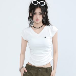 V-Neck Embroidered Fitted Short Sleeve T-Shirt for Women - American Style Spicy Girl Summer Top