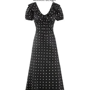 V-Neck Floral Maxi Dress for Women - Vintage 2025 Summer Vacation Style - Black - Elegant Anti-Aging Design