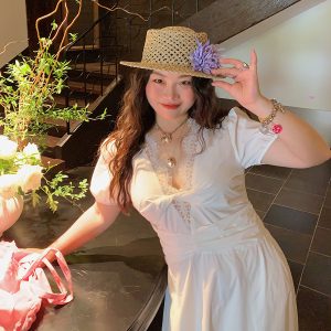 V-neck Lace Spliced Slit Dress for Women - Summer 2025 Unique Waist-Cinching Design, Trendy and Stylish