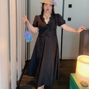 V-neck Lace Spliced Slit Dress for Women - Summer 2025 Unique Waist-Cinching Design, Trendy and Stylish