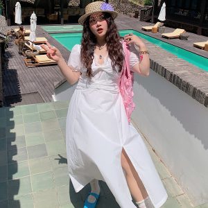 V-neck Lace Spliced Slit Dress for Women - Summer 2025 Unique Waist-Cinching Design, Trendy and Stylish