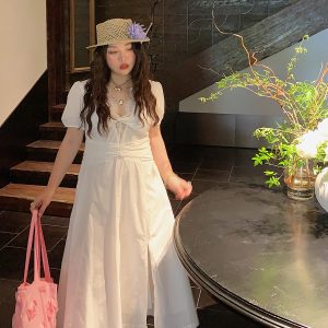 V-neck Lace Spliced Slit Dress for Women - Summer 2025 Unique Waist-Cinching Design, Trendy and Stylish