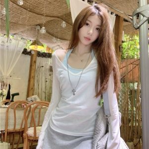 V-Neck Overlay Halter Long Sleeve Tank Top for Women - Summer Relaxed Fit, Slim Fit, Sun Protection - Perfect for Y2K Style