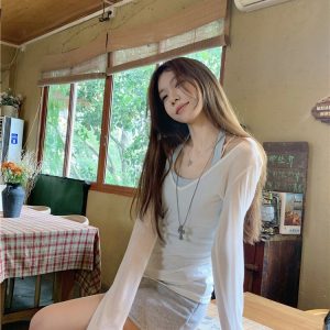 V-Neck Overlay Halter Long Sleeve Tank Top for Women - Summer Relaxed Fit, Slim Fit, Sun Protection - Perfect for Y2K Style