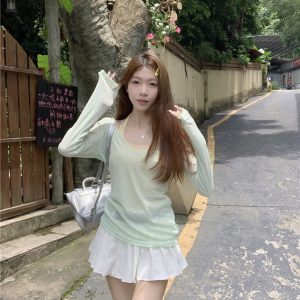 V-Neck Overlay Halter Long Sleeve Tank Top for Women - Summer Relaxed Fit, Slim Fit, Sun Protection - Perfect for Y2K Style