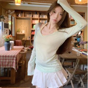 V-Neck Overlay Halter Long Sleeve Tank Top for Women - Summer Relaxed Fit, Slim Fit, Sun Protection - Perfect for Y2K Style