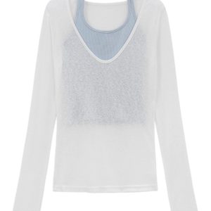 V-Neck Overlay Halter Long Sleeve Tank Top for Women - Summer Relaxed Fit, Slim Fit, Sun Protection - Perfect for Y2K Style