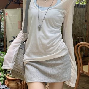 V-Neck Overlay Halter Long Sleeve Tank Top for Women - Summer Relaxed Fit, Slim Fit, Sun Protection - Perfect for Y2K Style