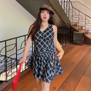 V-Neck Plaid Dress for Women, Sleeveless Summer 2025 Plus Size Short Skirt for Curvy Figures, Trendy Casual Style