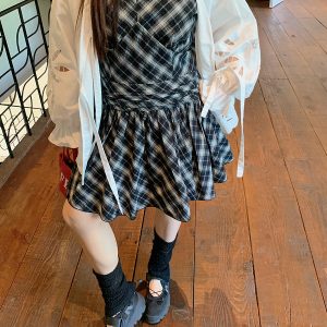 V-Neck Plaid Dress for Women, Sleeveless Summer 2025 Plus Size Short Skirt for Curvy Figures, Trendy Casual Style
