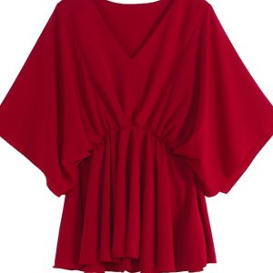 V-Neck Ruffled Batwing Sleeve Chiffon Pullover Shirt - Spring/Summer Mid-Sleeve Waist-Cinching A-Line Top in Red for Effortless Style