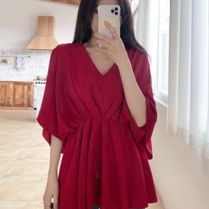 V-Neck Ruffled Batwing Sleeve Chiffon Pullover Shirt - Spring/Summer Mid-Sleeve Waist-Cinching A-Line Top in Red for Effortless Style