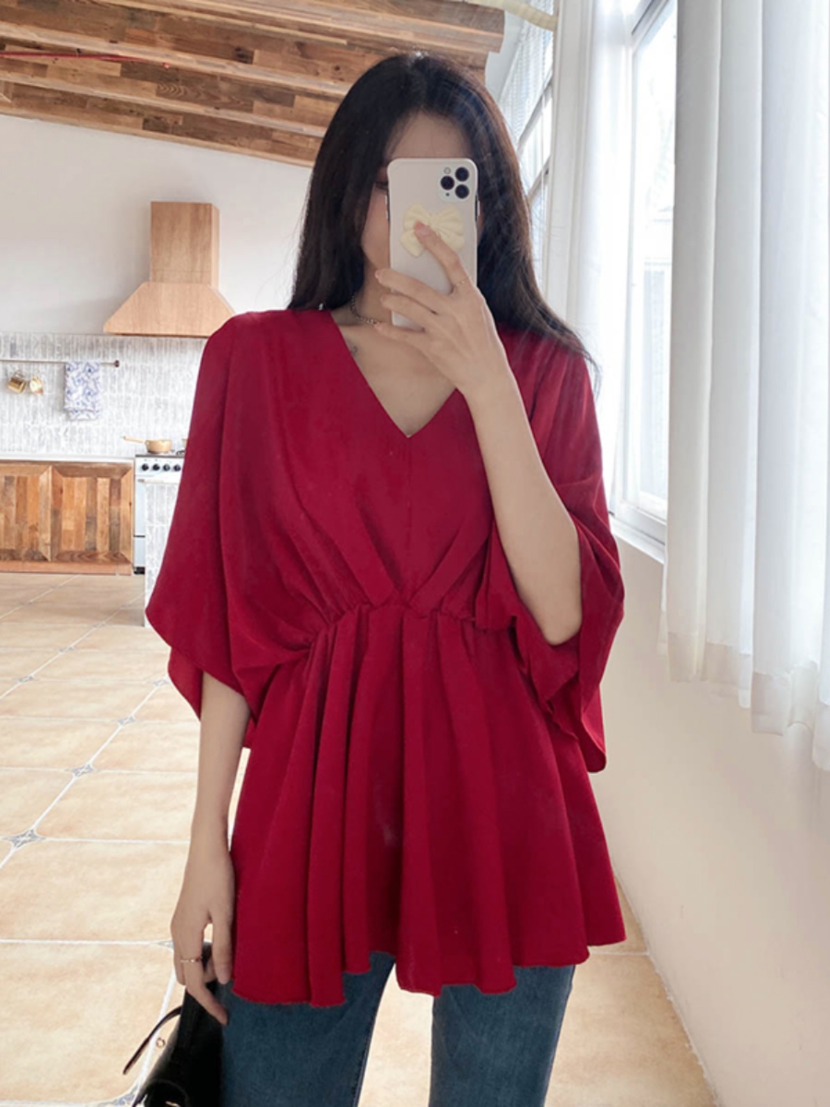 V-Neck Ruffled Batwing Sleeve Chiffon Pullover Shirt - Spring/Summer Mid-Sleeve Waist-Cinching A-Line Top in Red for Effortless Style V-Neck Ruffled Batwing Sleeve Chiffon Pullover Shirt - Spring/Summer Mid-Sleeve Waist-Cinching A-Line Top in Red for Effortless Style
