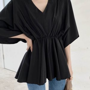 V-Neck Ruffled Batwing Sleeve Chiffon Pullover Shirt - Spring/Summer Mid-Sleeve Waist-Cinching A-Line Top in Red for Effortless Style