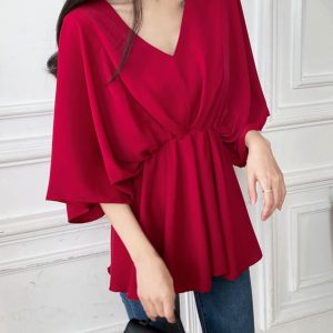 V-Neck Ruffled Batwing Sleeve Chiffon Pullover Shirt - Spring/Summer Mid-Sleeve Waist-Cinching A-Line Top in Red for Effortless Style
