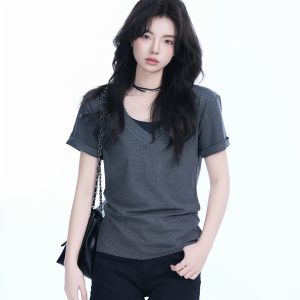 V-Neck Short Sleeve T-Shirt for Women - Solid Color Gray Minimalist Casual Top, Trendy Lazy Style Fashion Essential