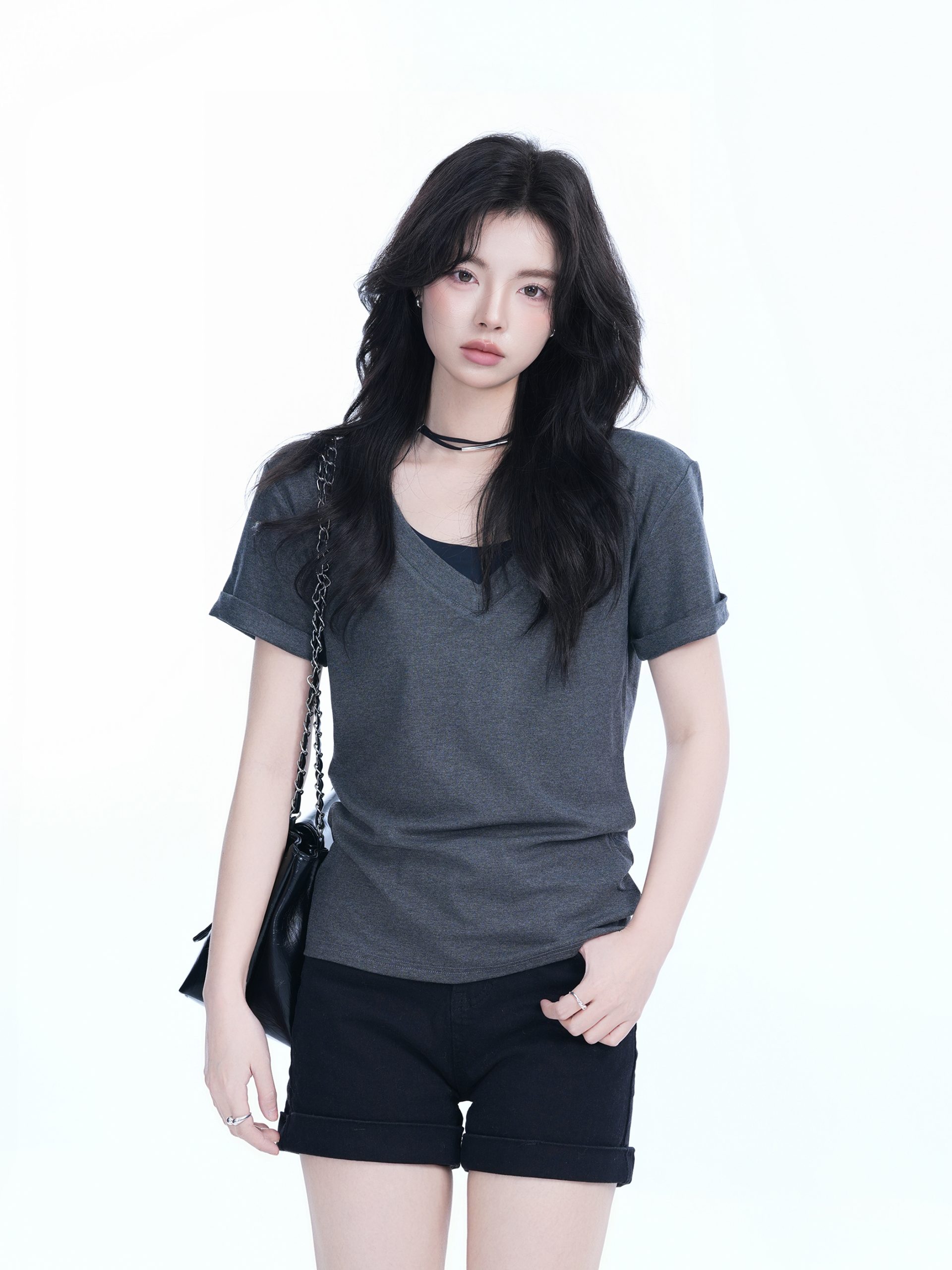 V-Neck Short Sleeve T-Shirt for Women - Solid Color Gray Minimalist Casual Top, Trendy Lazy Style Fashion Essential V-Neck Short Sleeve T-Shirt for Women - Solid Color Gray Minimalist Casual Top, Trendy Lazy Style Fashion Essential