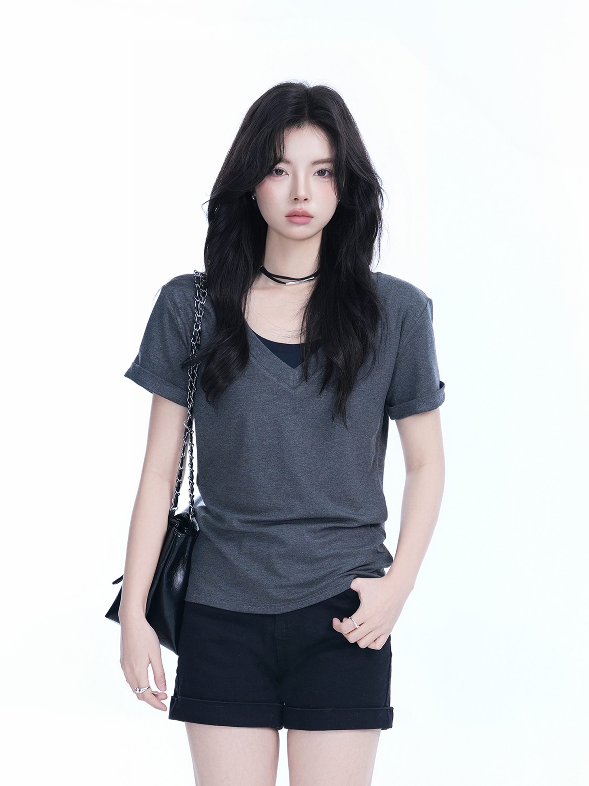 V-Neck Short Sleeve T-Shirt for Women - Solid Color Gray Minimalist Casual Top, Trendy Lazy Style Fashion Essential V-Neck Short Sleeve T-Shirt for Women - Solid Color Gray Minimalist Casual Top, Trendy Lazy Style Fashion Essential