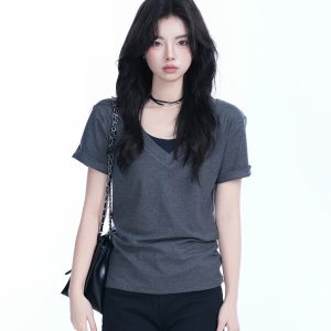 V-Neck Short Sleeve T-Shirt for Women - Solid Color Gray Minimalist Casual Top, Trendy Lazy Style Fashion Essential