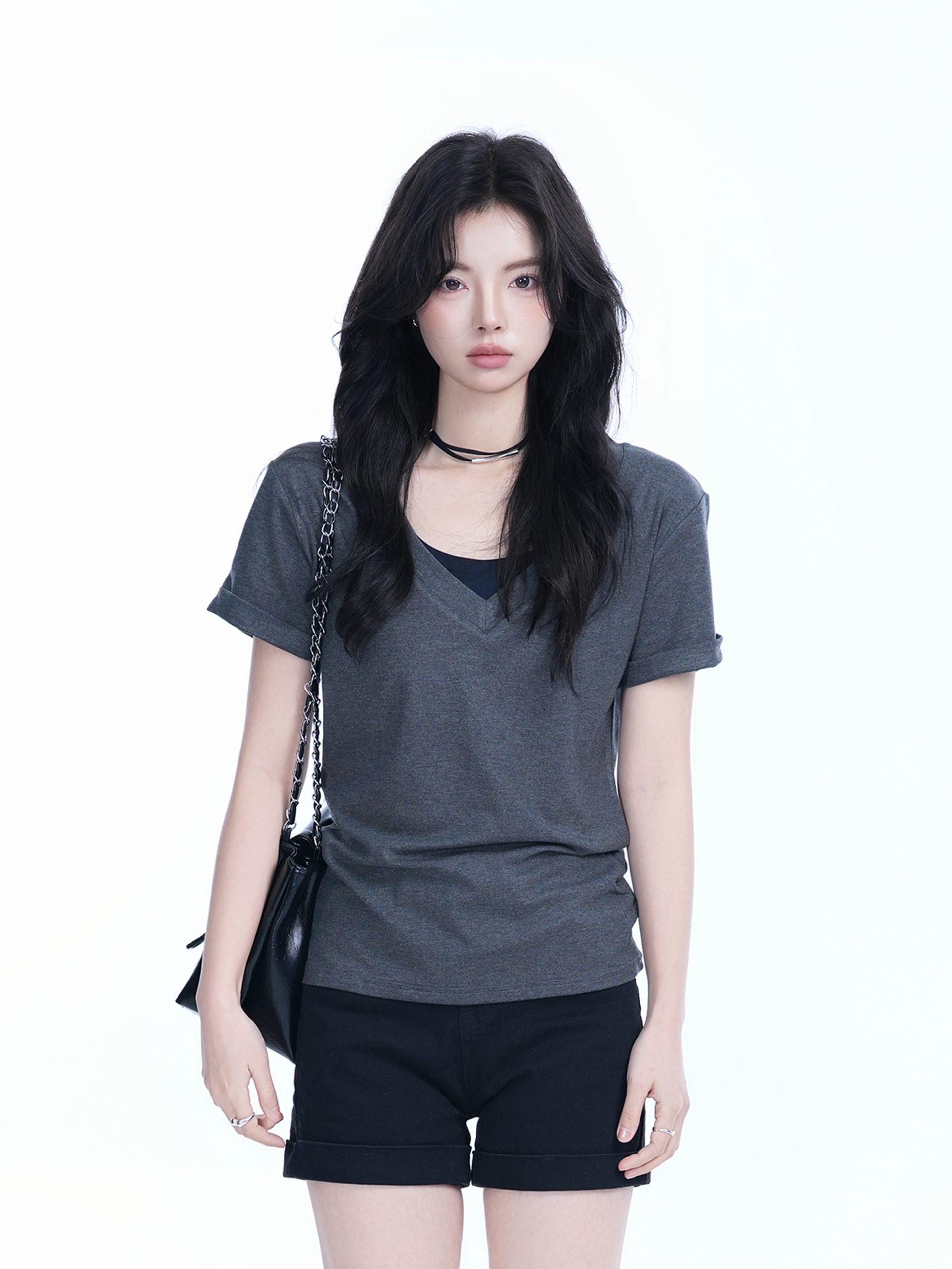 V-Neck Short Sleeve T-Shirt for Women - Solid Color Gray Minimalist Casual Top, Trendy Lazy Style Fashion Essential V-Neck Short Sleeve T-Shirt for Women - Solid Color Gray Minimalist Casual Top, Trendy Lazy Style Fashion Essential