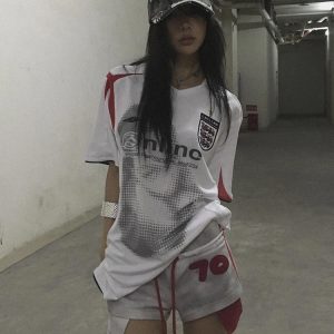 V-Neck Short-Sleeve Women's Summer Color-Blocking Jersey T-Shirt - American Retro Loose Fit Sports Top for a Casual Look