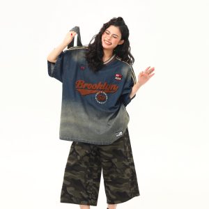 V-Neck Washed Denim Short Sleeve T-Shirt - Vintage American College Style, 2025 Summer Fashion Essential