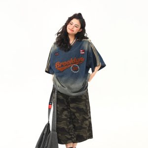 V-Neck Washed Denim Short Sleeve T-Shirt - Vintage American College Style, 2025 Summer Fashion Essential