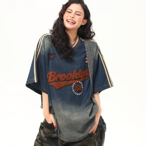 V-Neck Washed Denim Short Sleeve T-Shirt - Vintage American College Style, 2025 Summer Fashion Essential