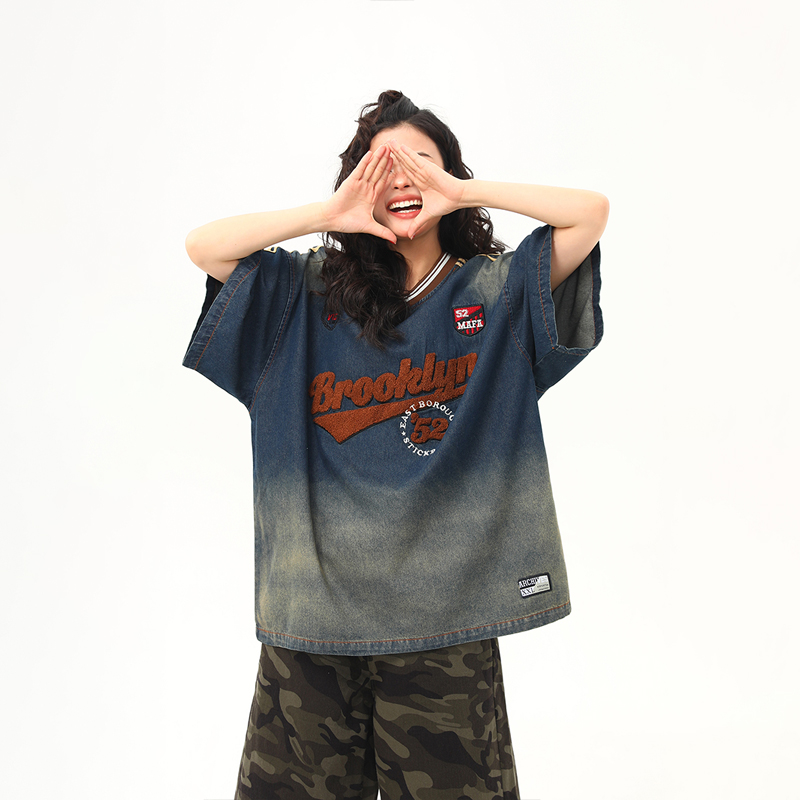 V-Neck Washed Denim Short Sleeve T-Shirt - Vintage American College Style, 2025 Summer Fashion Essential