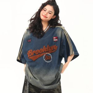 V-Neck Washed Denim Short Sleeve T-Shirt - Vintage American College Style, 2025 Summer Fashion Essential