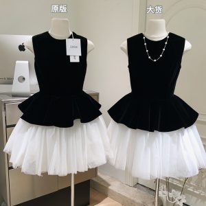 Velvet Spliced Ballet Skirt and Mesh Sleeveless Vest Dress - Princess Style Puff Skirt, Y2K Fashion, 90s Inspired