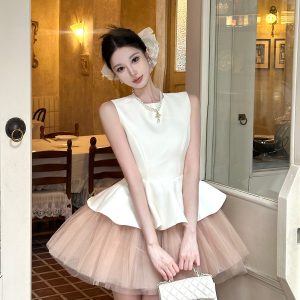 Velvet Spliced Ballet Skirt and Mesh Sleeveless Vest Dress - Princess Style Puff Skirt, Y2K Fashion, 90s Inspired