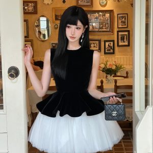 Velvet Spliced Ballet Skirt and Mesh Sleeveless Vest Dress - Princess Style Puff Skirt, Y2K Fashion, 90s Inspired