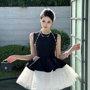 Velvet Spliced Ballet Skirt and Mesh Sleeveless Vest Dress - Princess Style Puff Skirt, Y2K Fashion, 90s Inspired