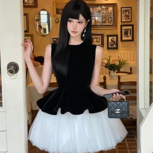Velvet Spliced Ballet Skirt and Mesh Sleeveless Vest Dress - Princess Style Puff Skirt, Y2K Fashion, 90s Inspired