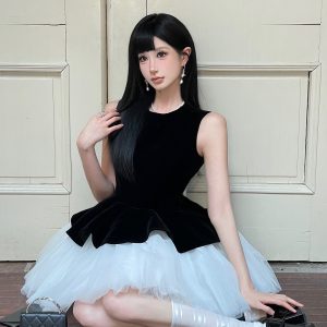Velvet Spliced Ballet Skirt and Mesh Sleeveless Vest Dress - Princess Style Puff Skirt, Y2K Fashion, 90s Inspired